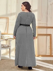 Modelyn 大碼千鳥格交叉領腰帶洋裝 - 黑與白 - 查看 2