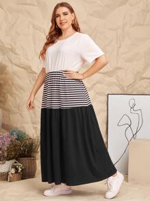 SHEIN Vestido de dos colores panel de rayas - Blanco y Negro - Ver 1