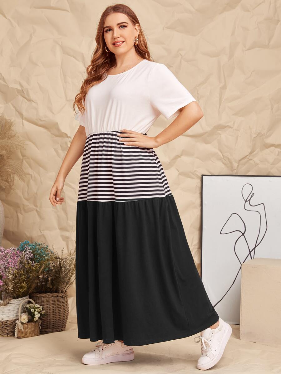 SHEIN Vestido de dos colores panel de rayas - Blanco y Negro - Ver 1