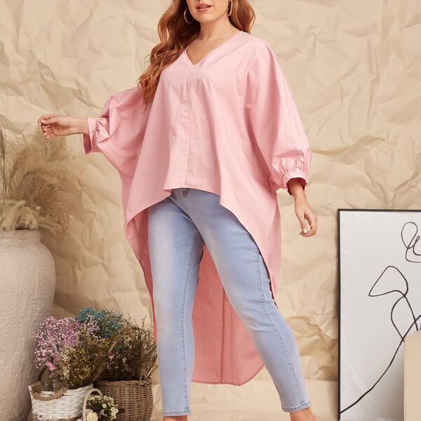 

Plus High Low Bishop Sleeve Top, Baby pink