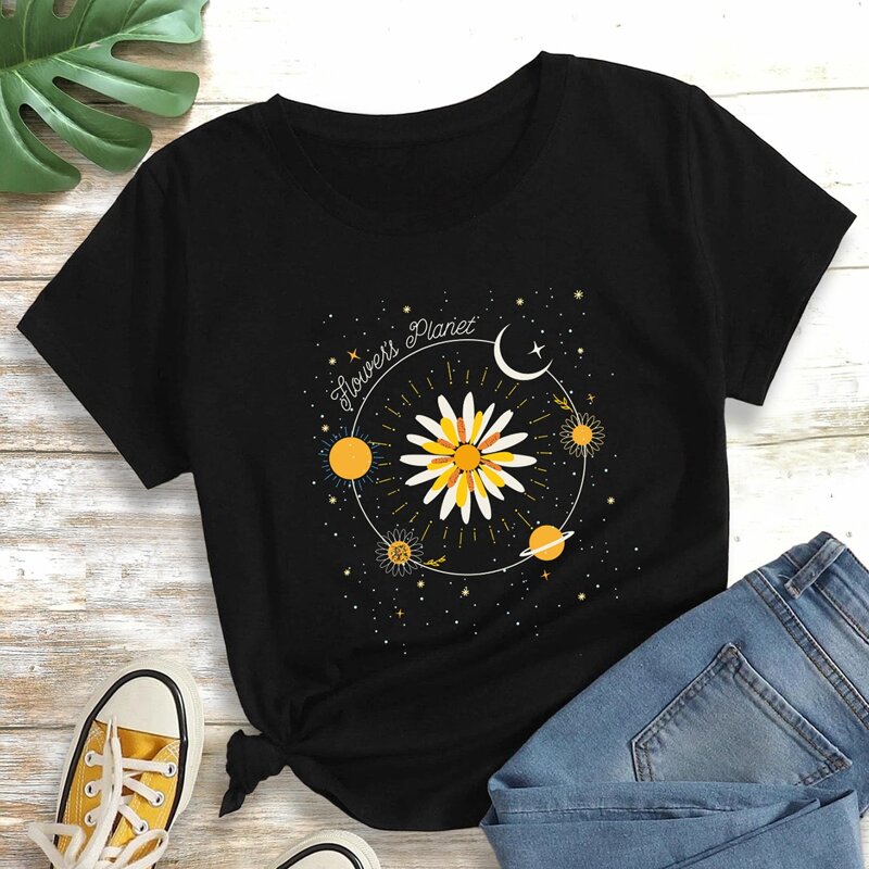 

Flower & Planet Print Tee, Black