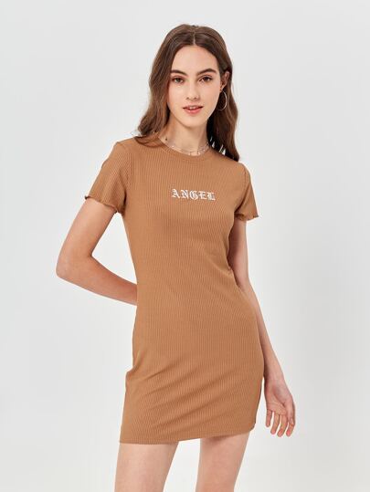 Letter Embroidery Ribbed Tee Dress