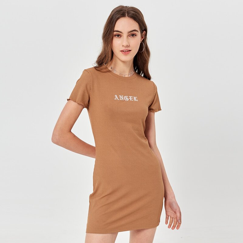 

Letter Embroidery Ribbed Tee Dress, Khaki