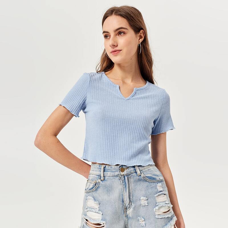 

Notched Neck Crop Ribbed Tee, Baby blue