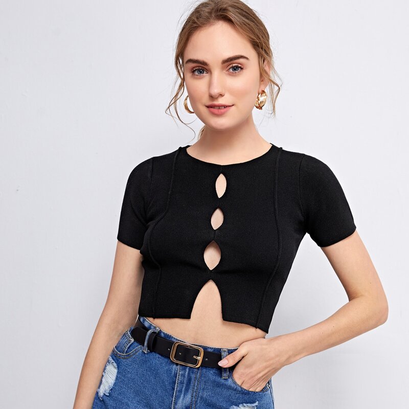 

Cutout Front Crop Knit Top, Black