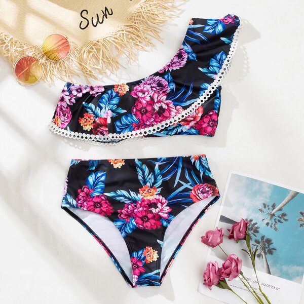 

Floral & Tropical Flounce One Shoulder Bikini Swimsuit, Multicolor