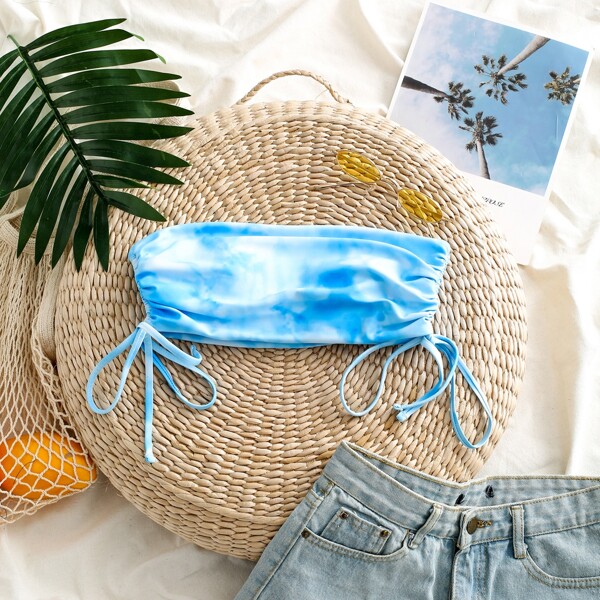 

Tie Dye Tie Side Bandeau Bikini Top, Blue and white