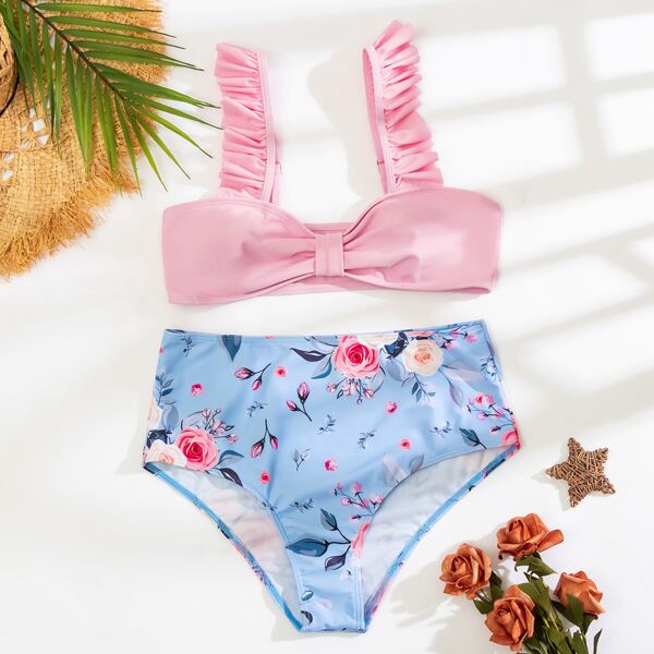 

Random Floral Print Ruffle Trim Bikini Swimsuit, Multicolor