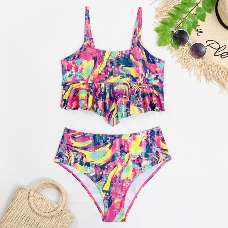 

Allover Graphic Ruffle Bikini Swimsuit, Multicolor
