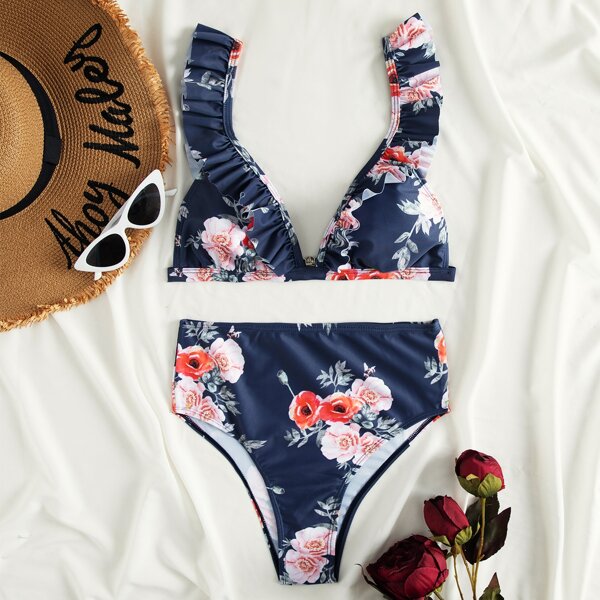 

Floral Ruffle Trim High Waisted Bikini Swimsuit, Multicolor