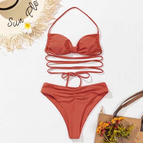 

Ruched Crisscross Knot Bikini Swimsuit, Rusty rose