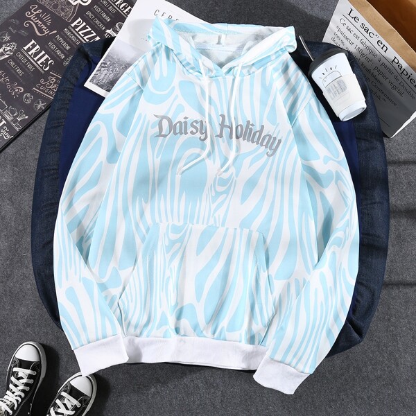 

Men Letter Graphic Drawstring Hoodie, Blue and white