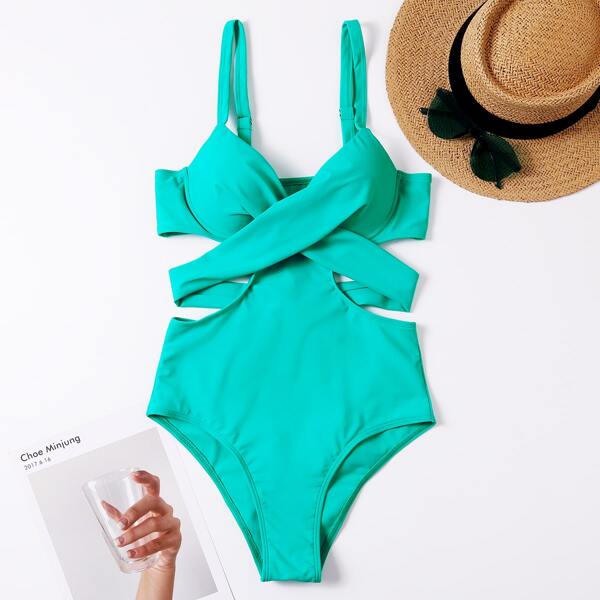 

Cut-out Wrap Underwire One Piece Swimsuit, Green