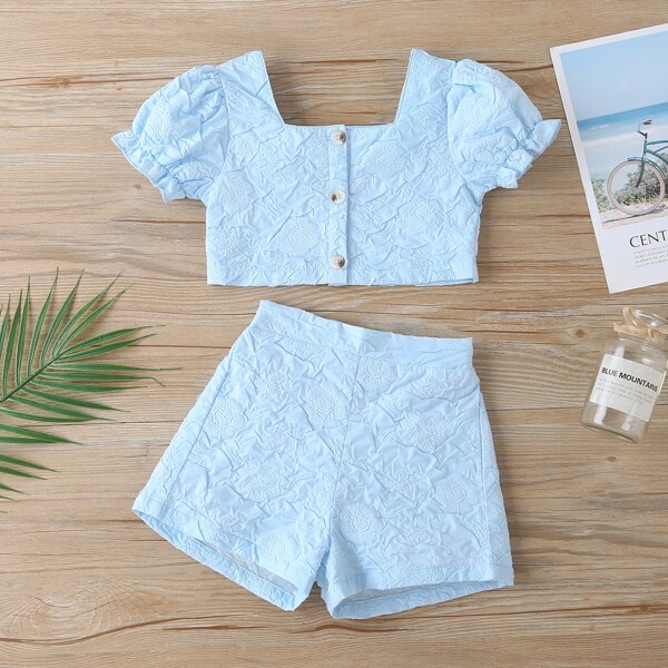 

Toddler Girls Square Neck Button Front Crop Top & Shorts, Baby blue