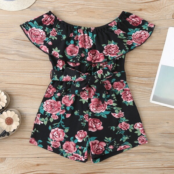 

Toddler Girls Floral Print Belted Bardot Romper, Multicolor
