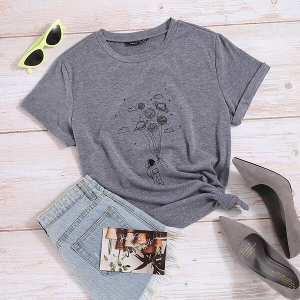 

Cartoon Astronaut Print Tee, Grey