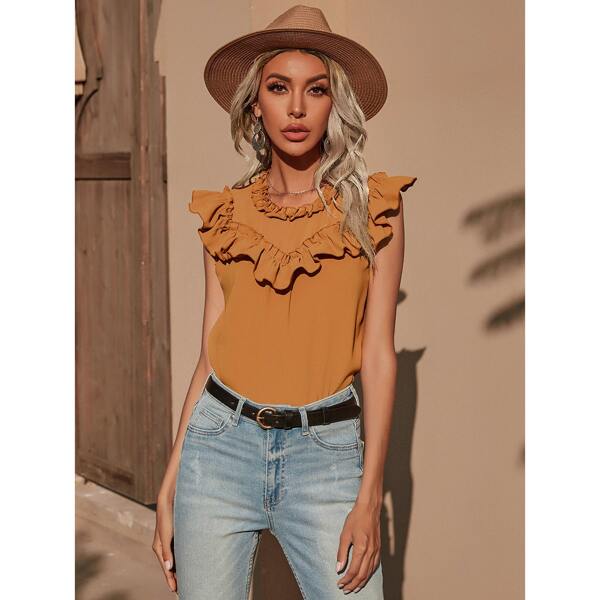 

Solid Ruffle Trim Sleeveless Blouse, Ginger