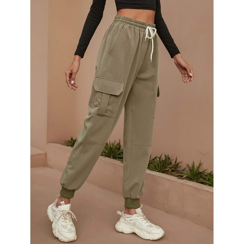 

Flap Pocket Drawstring Cargo Pants, Army green