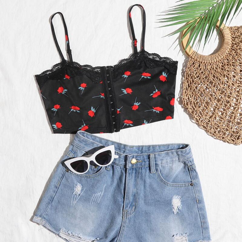 

Lace Trim Hook and Eye Cami Top, Black