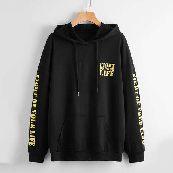 

Slogan Graphic Drop Shoulder Hoodie, Black