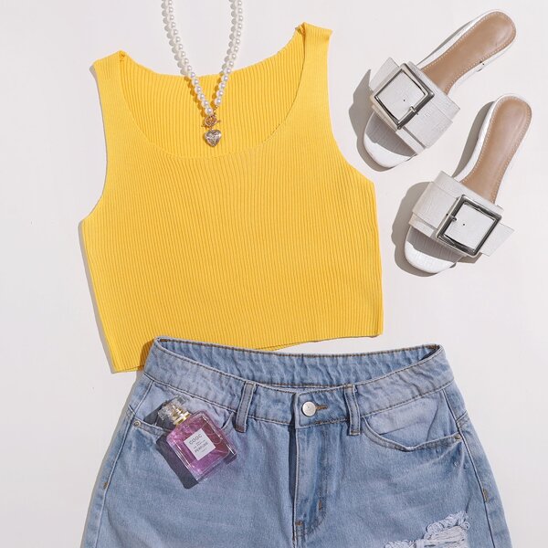 

Scoop Neck Rib-knit Tank Top, Yellow