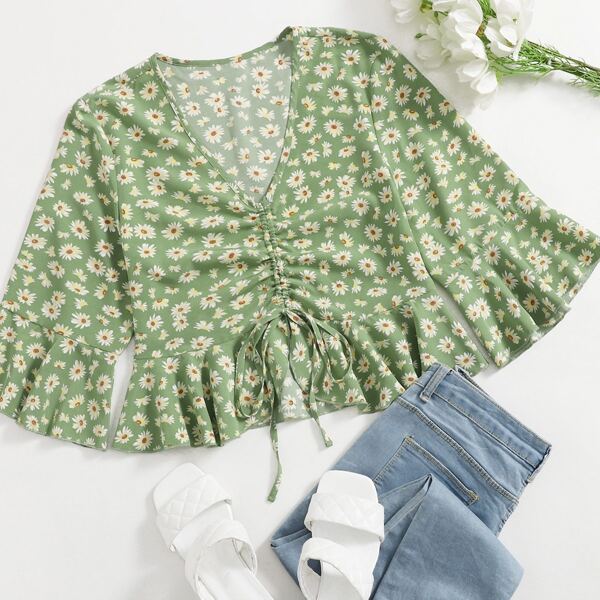 

Daisy Floral Drawstring Front Peplum Blouse, Multicolor