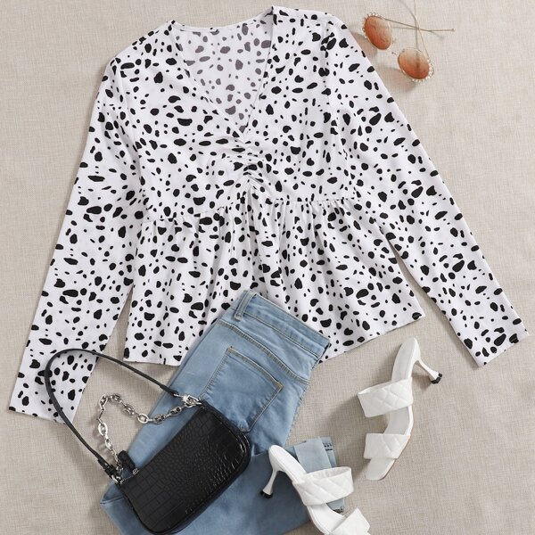 

Dalmatian Ruched Front Ruffle Hem Blouse, Black and white