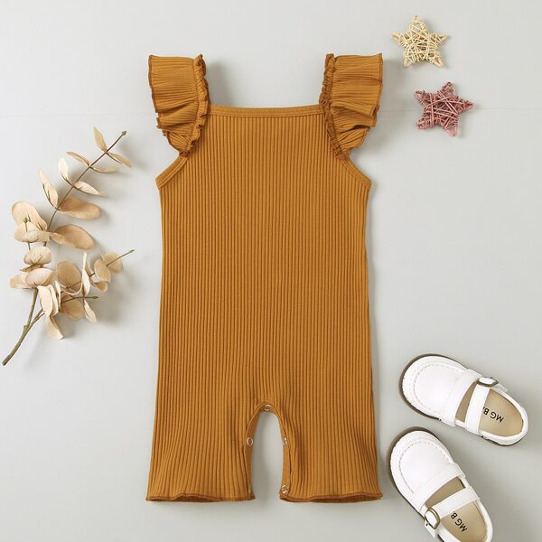 

Baby Girl Ruffle Trim Rib-knit Romper, Brown