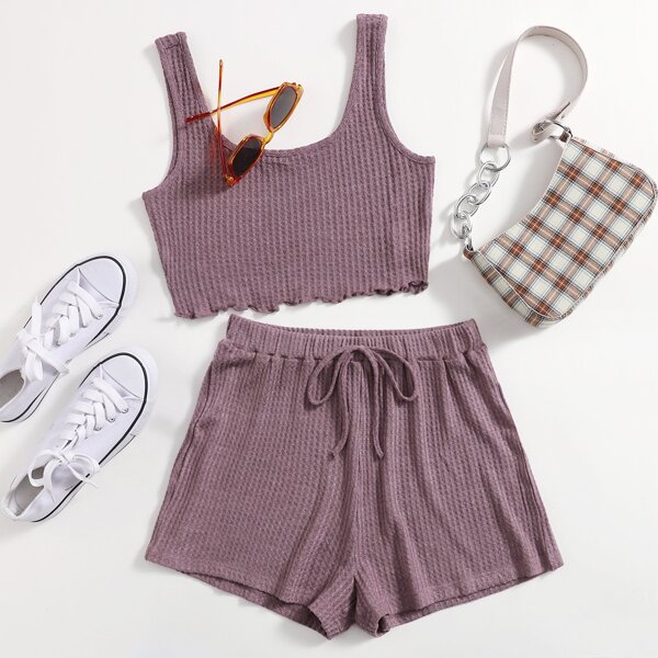 

Lettuce Trim Waffle Knit Tank Top & Shorts Set, Mauve purple
