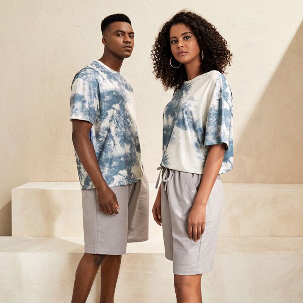 

1pc Tie Dye Short Sleeve Tee, Blue and white