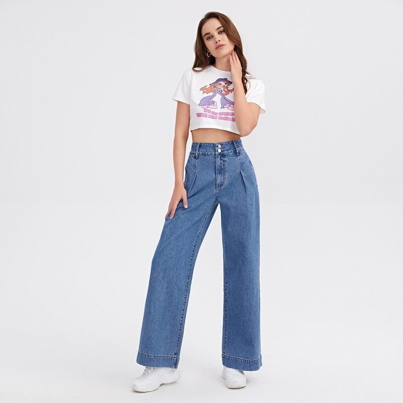 

Stone Wash High-Waist Denim Baggy Jeans, Medium wash