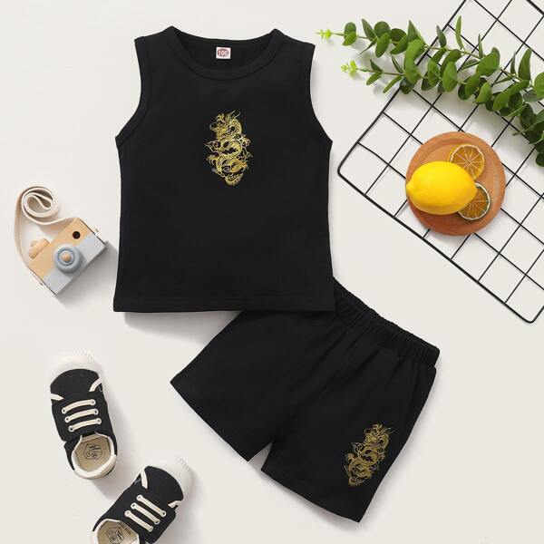 

Toddler Boys Chinese Dragon Print Tank Top & Shorts, Black