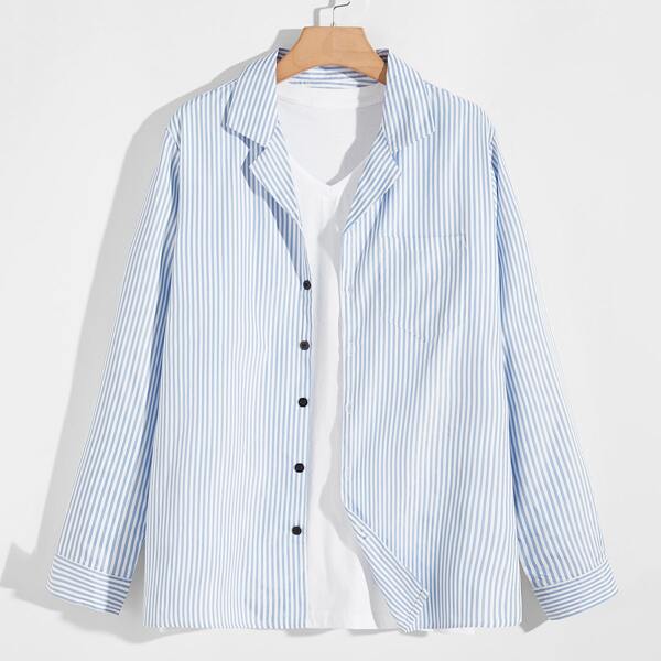 

Men Vertical Striped Button Through Shirt, Baby blue