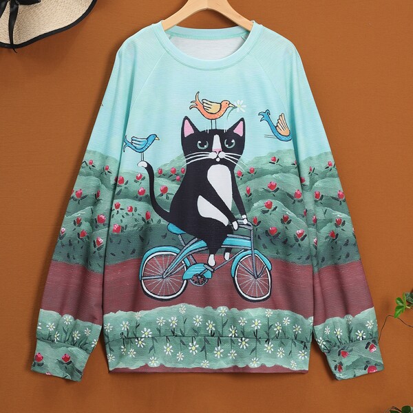 

Plus Cat & Plants Print Raglan Sleeve Sweatshirt, Multicolor