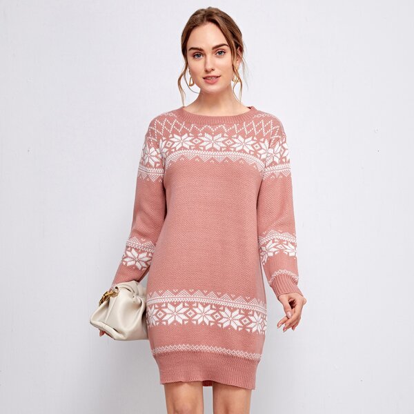 

Drop Shoulder Snowflake Pattern Sweater Dress, Dusty pink