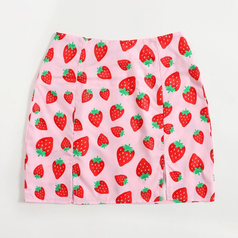 

Strawberry Print Slit Skirt, Multicolor