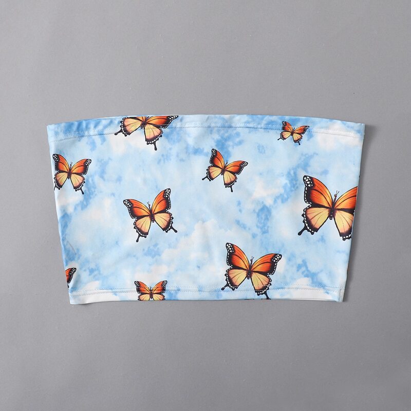 

Butterfly & Tie Dye Crop Tube Top, Blue and white
