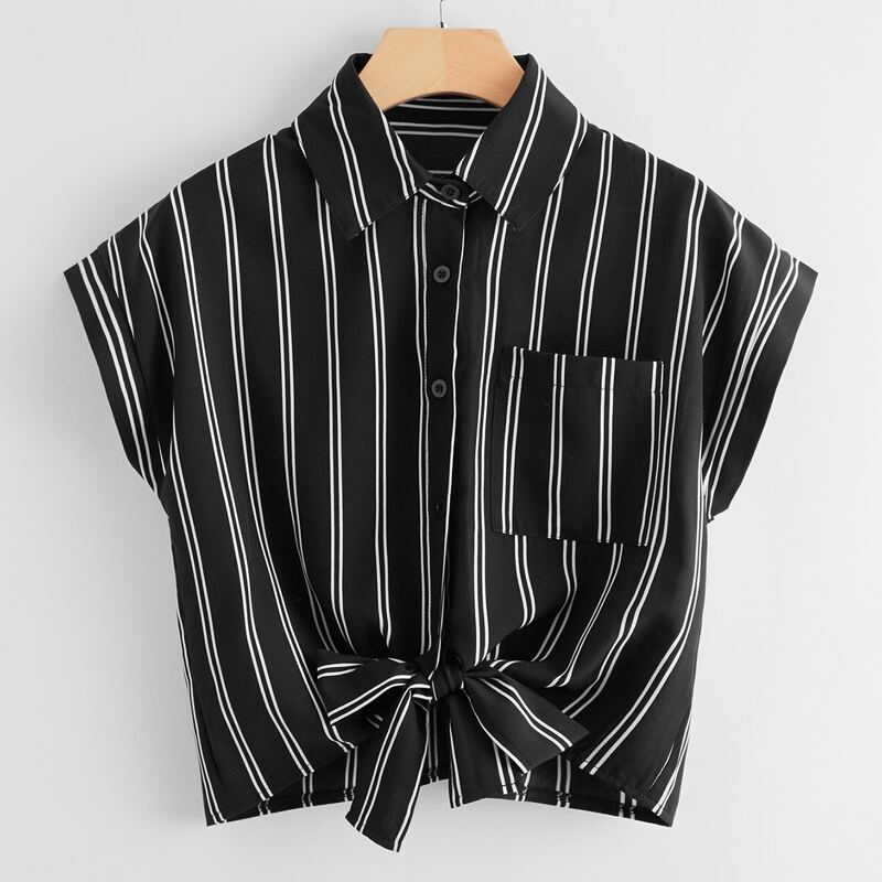

Knot Hem Striped Shirt, Black