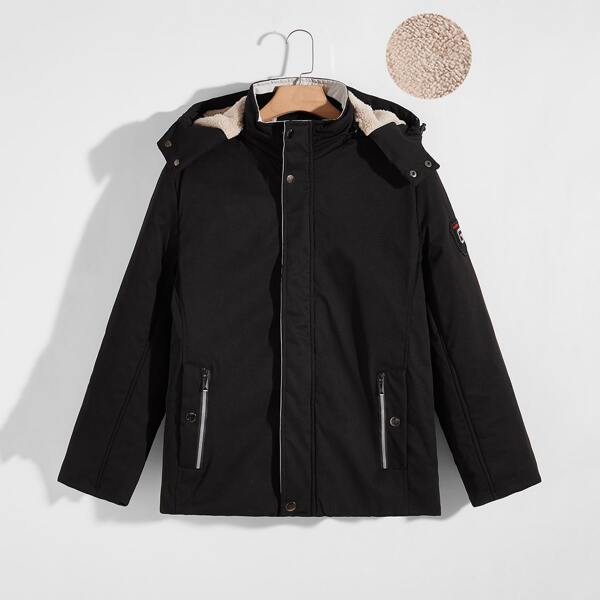 

Men Teddy Lined Zip Up Hooded Coat, Black