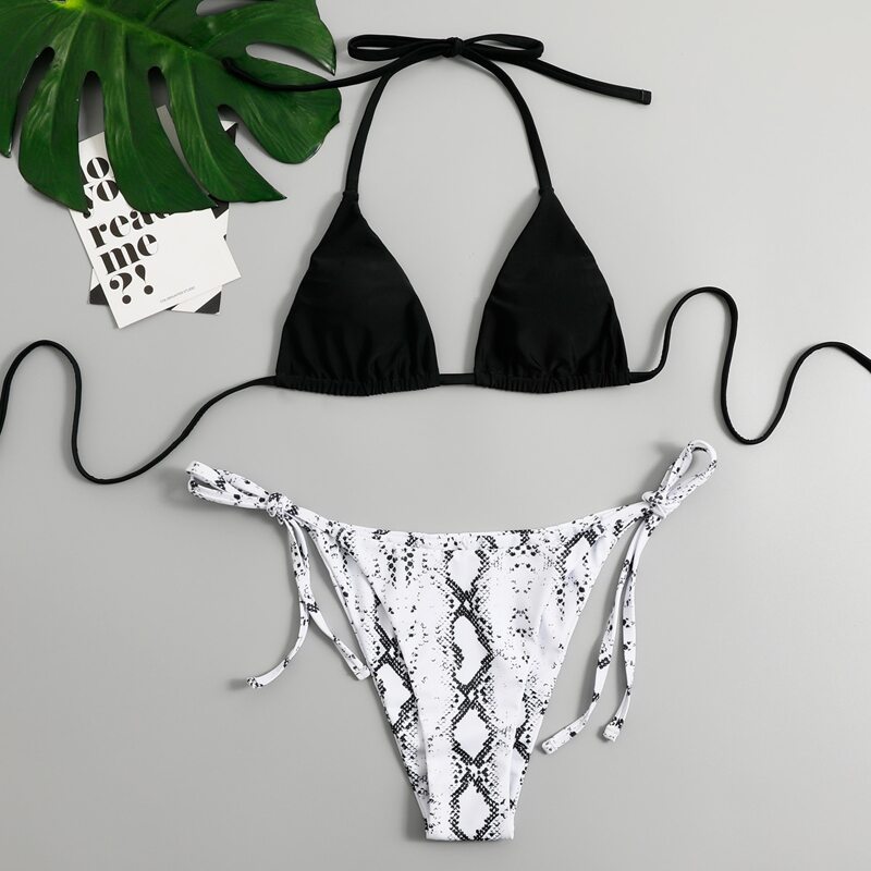 

Snakeskin Print Tie Side Bikini Swimsuit, Black and white