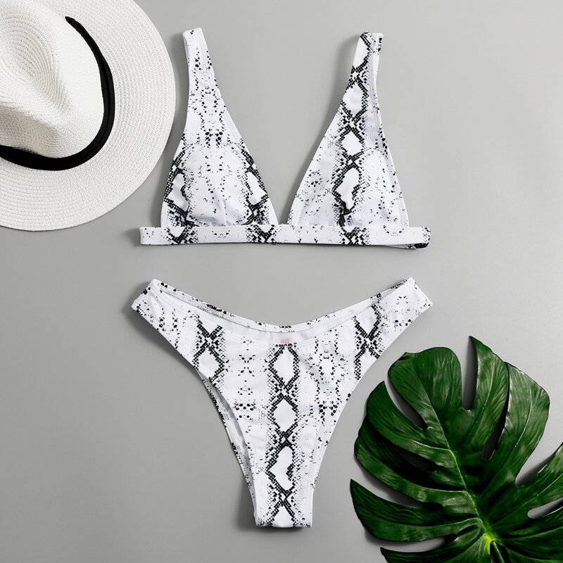 

Snakeskin Print High Cut Bikini Swimsuit, Black and white