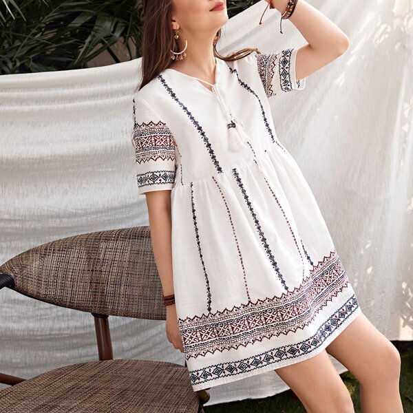 

Tie Neck Geo Print Dress, White