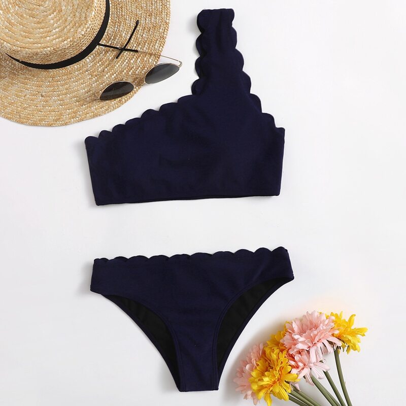 

One Shoulder Scallop Trim Bikini Swimsuit, Navy blue