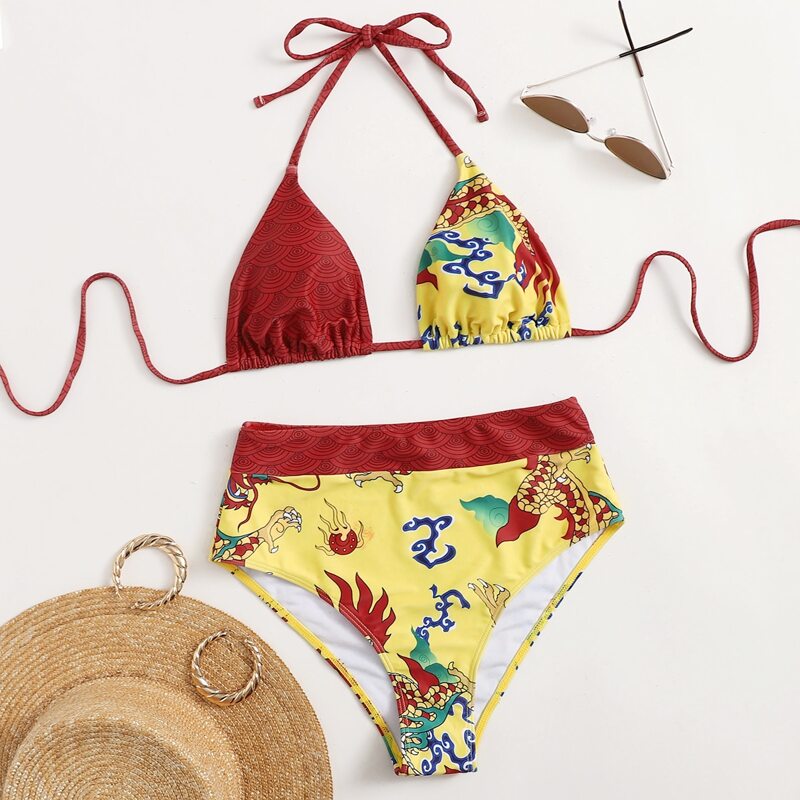 

Chinese Dragon Print Triangle Bikini Swimsuit, Red