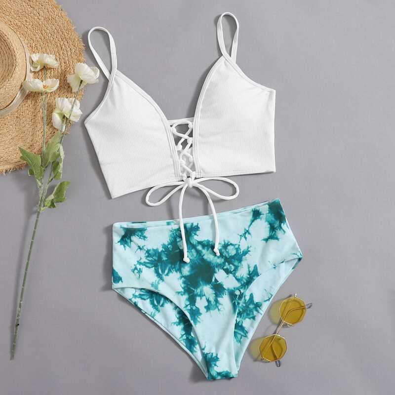 

Tie Dye Lace Up High Waist Bikini Swimsuit, Multicolor