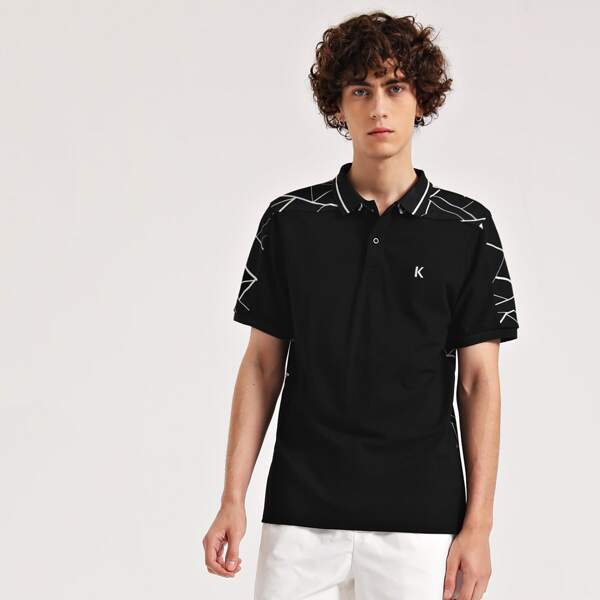 

Men Patched Detail Geo Pattern Polo Shirt, Black