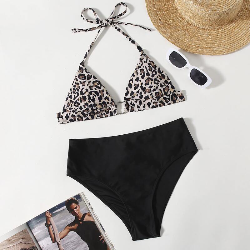 

Leopard Print Triangle Bikini Swimsuit, Multicolor