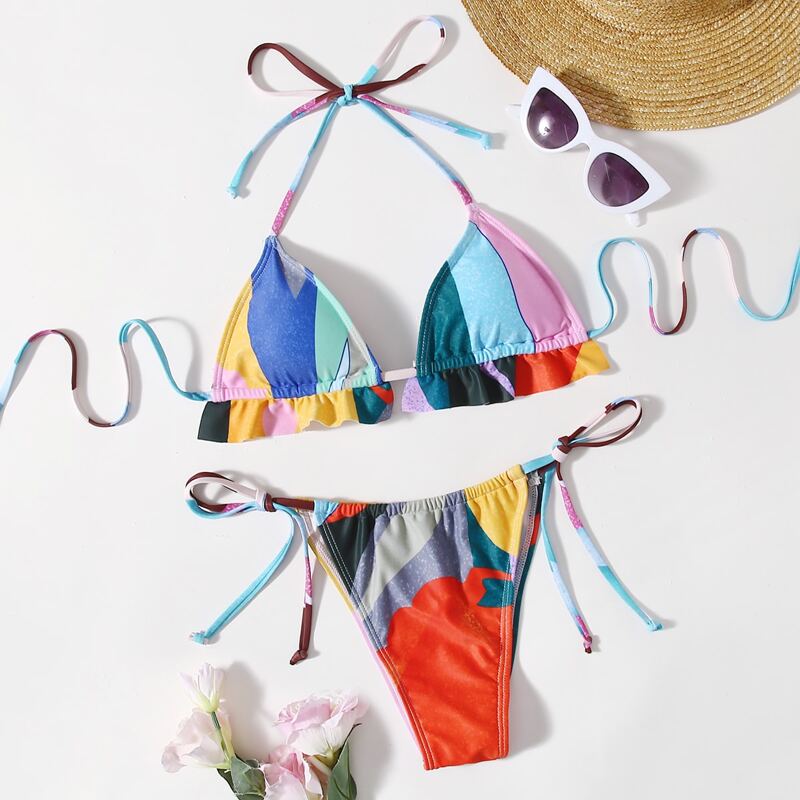 

Colorblock Tie Side Bikini Swimsuit, Multicolor