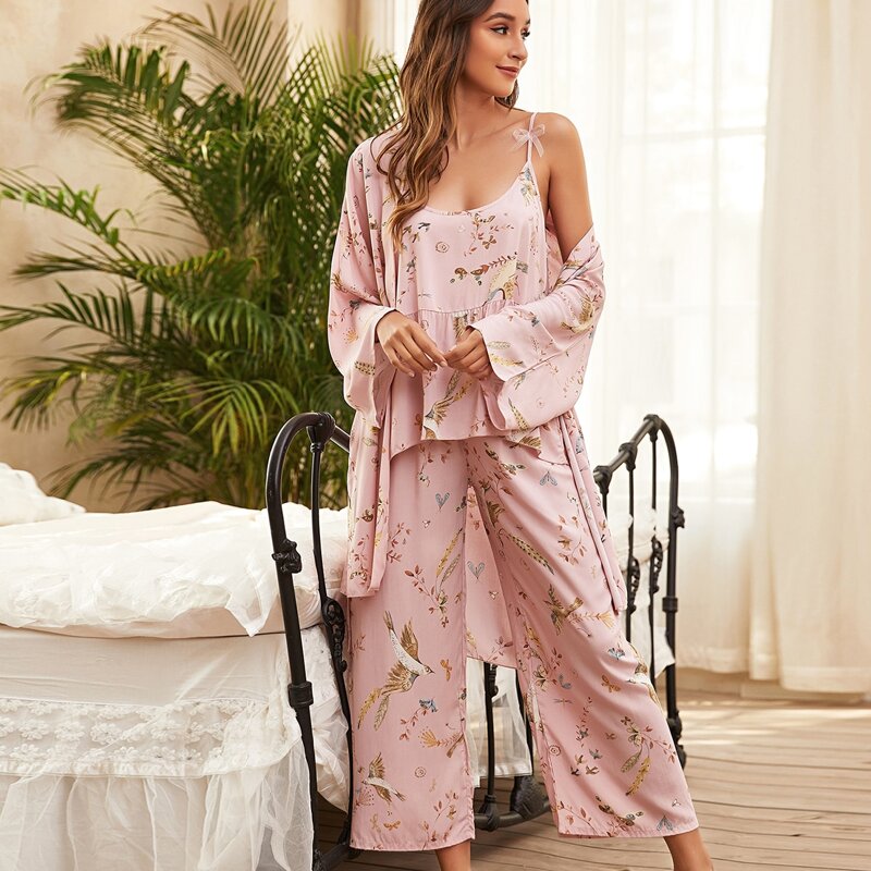 

3pcs Allover Bird Print Wide Leg Pants PJ Set, Baby pink
