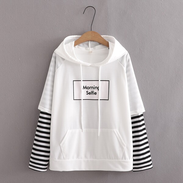 

Letter Graphic Striped Sleeve Drawstring Hoodie, White